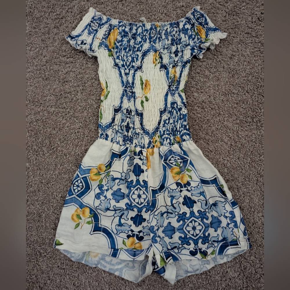 Mogador Anacapri Italian Summer Romper Lemon Print Floral Mediterranean Tile XS